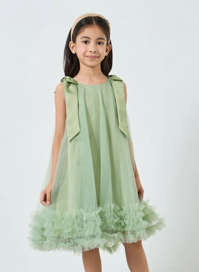 تايك تو فستان سهرة بناتي شبكي بحافة مكشكشة وفيونكة